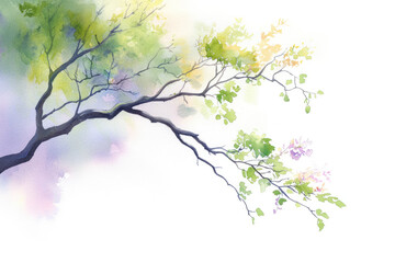 Obraz premium Watercolor landscape featuring a delicate tree branch, vibrant hues blending seamlessly, evoking tranquility and the beauty of nature.