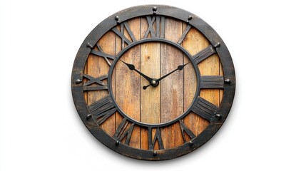 Rustic wooden wall clock with Roman numerals on a white background. Generative AI