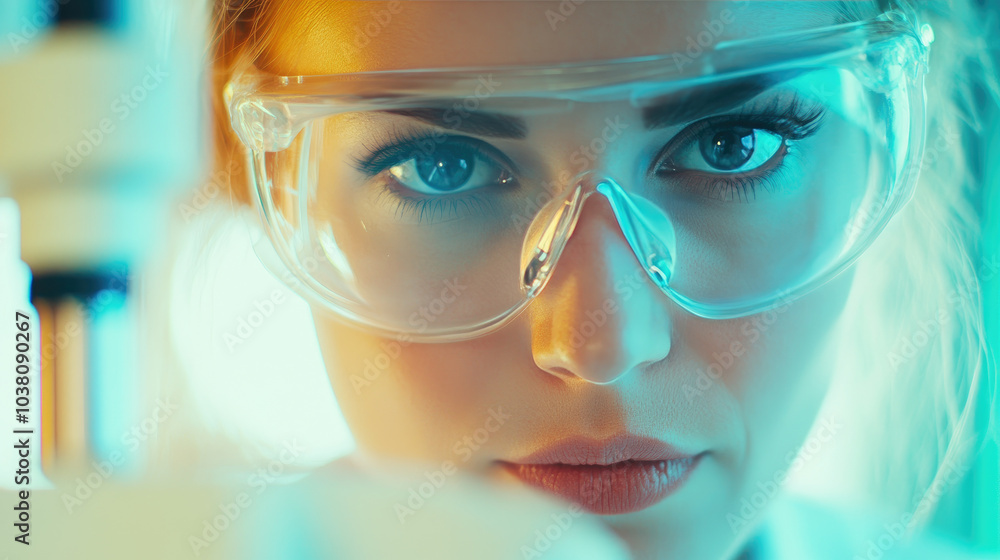 Poster innovative female scientist engaged in forensic research with microscope in laboratory setting