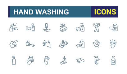 Hands washing icon set. Hygiene and hand cleaning icons for web. Line stroke. Contains such Icons as Washing Instruction, Antiseptic, Soap and more.