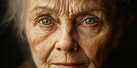Obraz premium A close-up portrait of an elderly woman, showcasing the intricate details of her face.