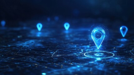 Digital map with glowing location pins, futuristic technology, network connections