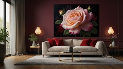 A large pink rose painting hangs above a white sofa with red pillows in a modern living room.