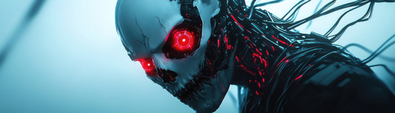 Cybernetic Zombie in Dark Lab, a decaying figure with glowing eyes, tangled in wires, navigating a shadowy, high-tech environment.