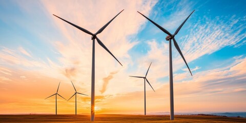 Obraz premium Beautiful Wind Turbines at Sunset Over Open Landscape