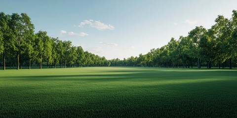 Fototapeta premium Lush Green Park Landscape Under Clear Blue Sky