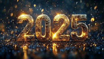 Brightly lit 2025 numbers surrounded by sparkling lights on a dark background at midnight