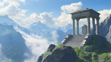 Majestic Mountain Landscape with Hidden Tomb: Tranquility Amid Peaks