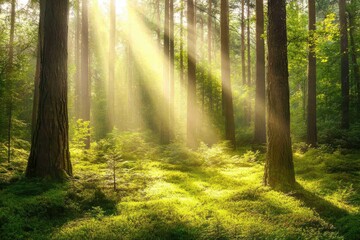 Obraz premium morning in the woods with sun rays on the logs