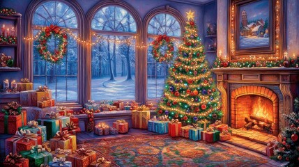 Fototapeta premium A traditional oil painting of a Christmas tree decorated with colorful lights and ornaments, surrounded by wrapped gifts and a glowing fireplace.