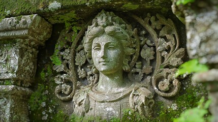 Fototapeta premium Ancient Stone Statue at Tomb Entrance: Weathered Gothic Sculpture with Intricate Details Symbolizing Age and History