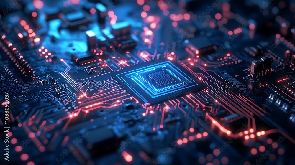 Aufkleber cutting-edge microchip glowing in detailed circuit network image