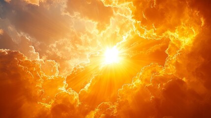 Radiant sun rays shining through golden clouds creating a breathtaking natural light show. Generative AI