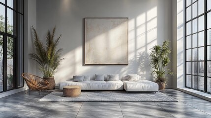 Fototapeta premium Modern minimalist living room with large windows natural light and stylish furniture for a cozy and elegant interior design. Generative AI