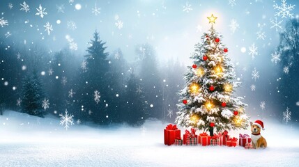 Obraz premium Adorable animals in festive sweaters stand by a glowing tree with gifts, with clear space for adding personalized holiday text.