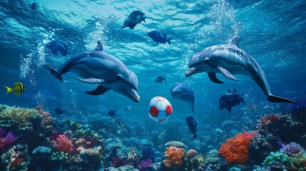 Fototapeta premium Two dolphins playing with a soccer ball underwater near a coral reef.