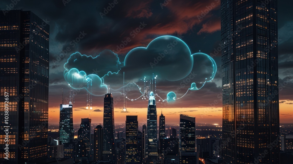 Poster a futuristic cityscape with a glowing cloud symbol in the sky, representing data storage and network