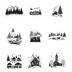 Collection of Christmas silhouettes ClipArt design - Christmas Vector illustration in black and white
