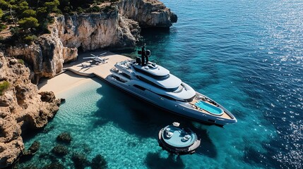 A large, luxurious yacht is docked at a secluded cove, with a helicopter on the deck.