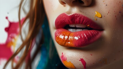 A close-up digital art of a woman's lips painted in vibrant pink, orange, yellow, and blue with splattered paint effects on a white background. The playful, whimsical style adds an abstract touch.