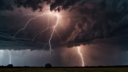 A dramatic lightning storm illuminates the dark sky with multiple lightning strikes.
