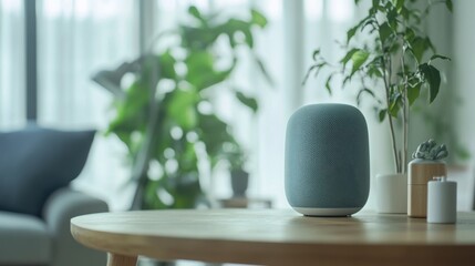 A smart speaker controlling home devices, Connected home scene, Minimalist style
