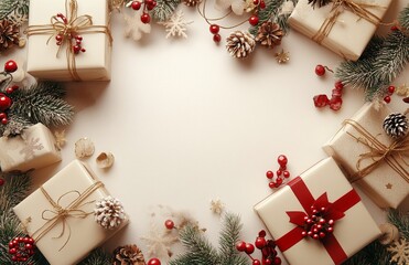 Elegant Christmas decorations with gifts, pinecones, and greenery on a pastel backdrop