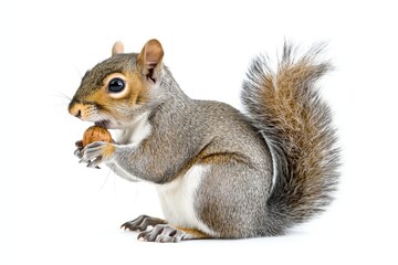 Fototapeta premium Focused squirrel portrait a minimalistic profile view of a nut gnawing rodent on white background isolated