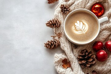 Obraz premium Cozy autumn coffee setup with warm sweater, colorful leaves, and natural decorations on the table