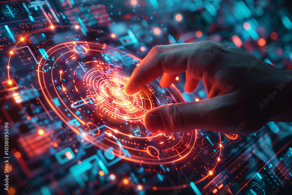 Poster a futuristic and high-tech scene featuring a hand interacting with advanced digital interface and gl