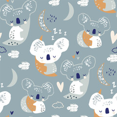 Seamless pattern with hand drawn cute sleeping koala character. Childish adorable texture with moon, stars. Vector illustration © solodkayamari