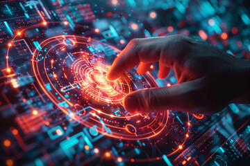 Fototapeta premium A Futuristic and High-Tech Scene Featuring a Hand Interacting with Advanced Digital Interface and Glowing Circuits