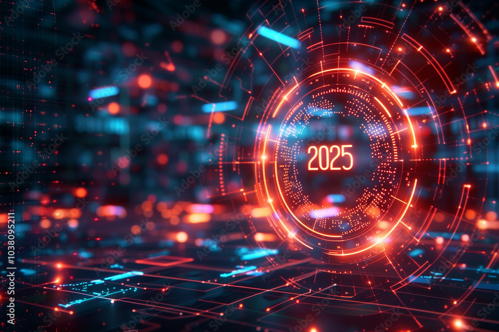Poster a futuristic digital interface with a vibrant holographic display of the year 2025 in a high-tech en