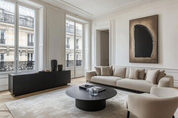 Luxurious living room apartment with white walls, large windows, and modern furniture.