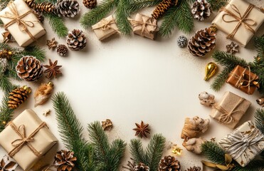 Elegant Christmas decorations with gifts, pinecones, and greenery on a pastel backdrop