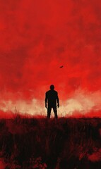 Fototapeta premium Silhouette man against red sky and grass.