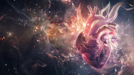 a surrealistic interpretation of the human heart as a cosmic dance, with waves of emotion swirling and intertwining in an eternal ballet of love and passion on an isolated white background