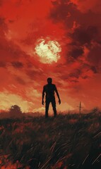 Silhouette of a monster against a red sky.