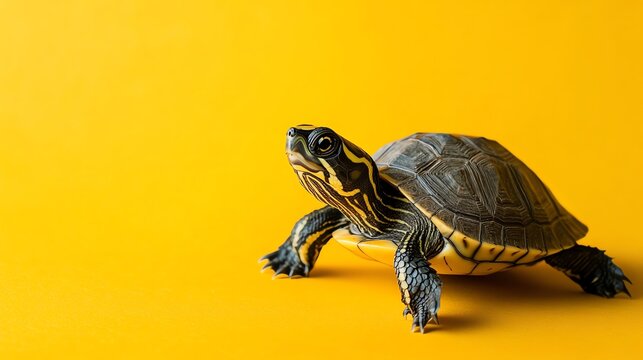 Small turtle on yellow background.