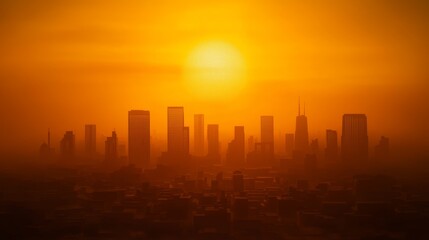Naklejka premium Smoggy City Sunset with Silhouette Buildings