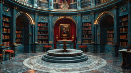 Obraz premium A circular library with blue and gold decor, bookshelves filled with books, a portrait on the wall, and a golden pedestal in the center.