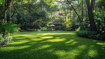 Naklejka premium Picture of a lush green lawn in a large garden. Green grass with a beautiful yard for the background.
