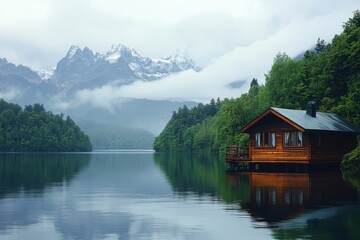 Naklejka premium A serene wooden cabin on a lake with mountains in the background. Nature and tranquility meet in this peaceful, scenic environment.