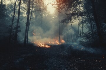 Fototapeta premium A forest fire burns in the early morning light, with glowing embers and rising smoke creating a hauntingly beautiful scene in the woods.