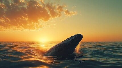 Fototapeta premium A humpback whale breaches the surface of the ocean, splashing water into the air.