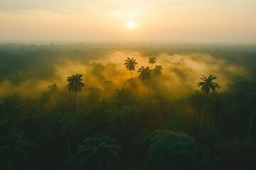 Naklejka premium The sun rises over a tropical jungle, casting golden light and mist over the tall palm trees and dense greenery in this serene morning landscape.