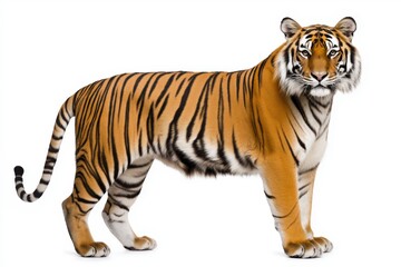 Naklejka premium Proud tiger portrait standing tall and gazing to the side on a minimalistic white background isolated
