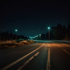 A long, empty road stretches into the distance, illuminated by streetlights under a star-filled night sky.