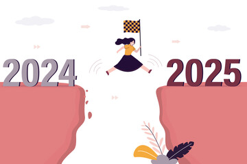 Ambitious businesswoman hold finish flag and  jump across gap from old year 2024 to 2025. Happy new year 2025 hope for business success, year resolution or opportunity,