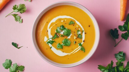 Carrot and coriander soup with a swirl of cream, isolated on a pastel background with carrot tops and coriander sprigs
